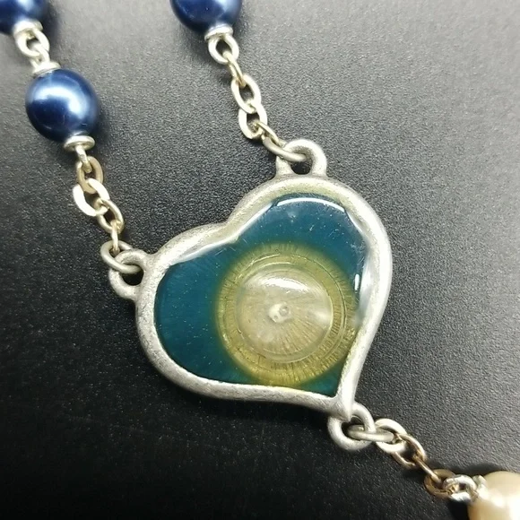 Vintage Blue and White Pearl Beaded Silver Chain Rosary Necklace - Picture 5 of 7